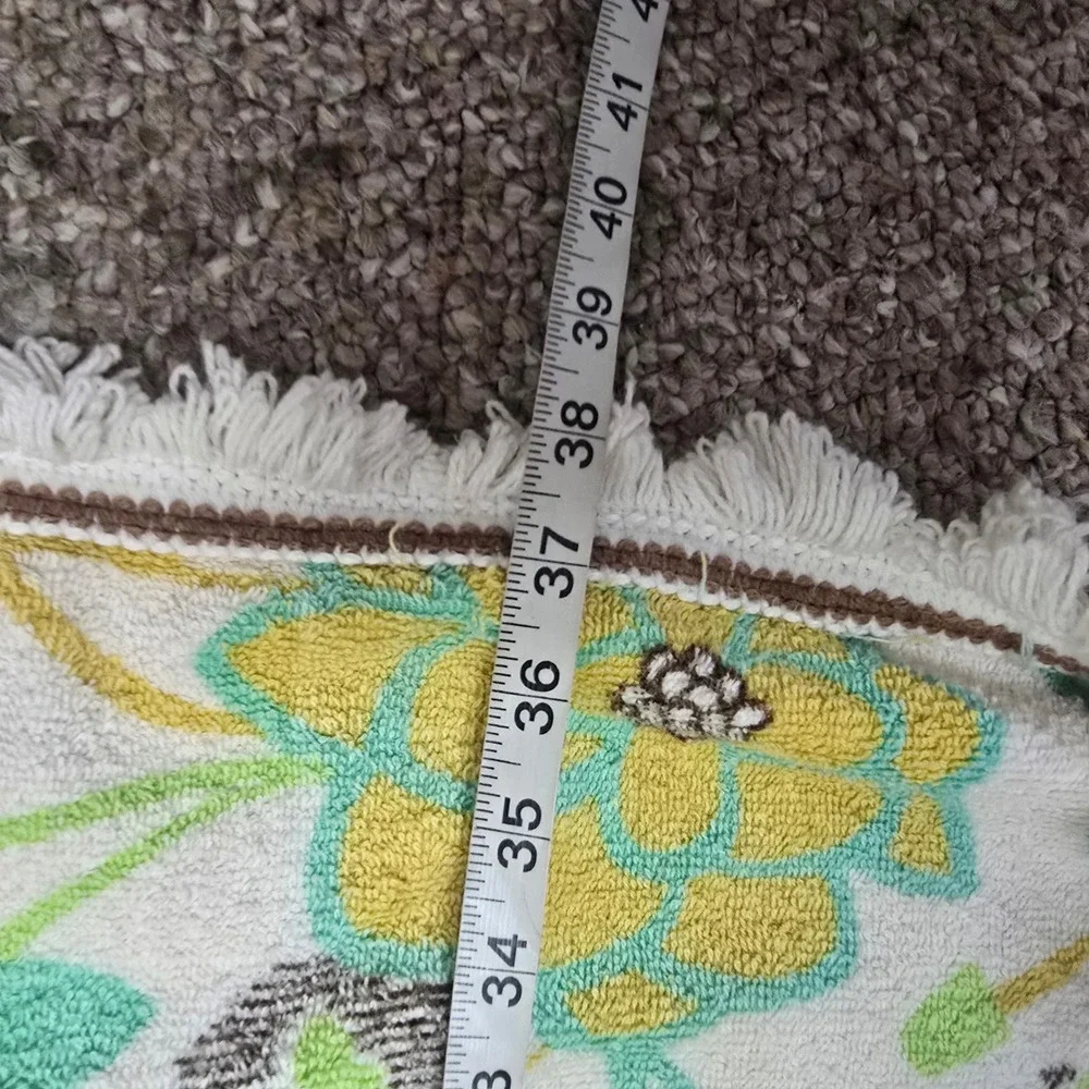 Vintage Floral Terry Cloth Beach Towel Fringe Edge Green Yellow Brown 46x37